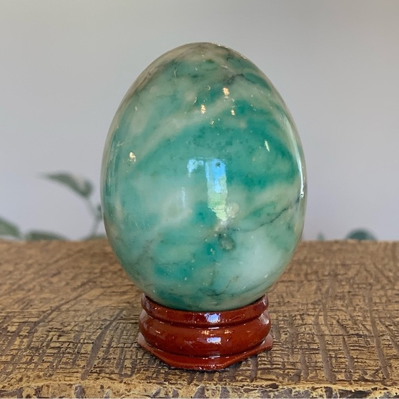 alabaster egg Other - Alabaster Hand Carved Stone Egg Teal Banded Marble Figurine Wood Stand Italy MCM